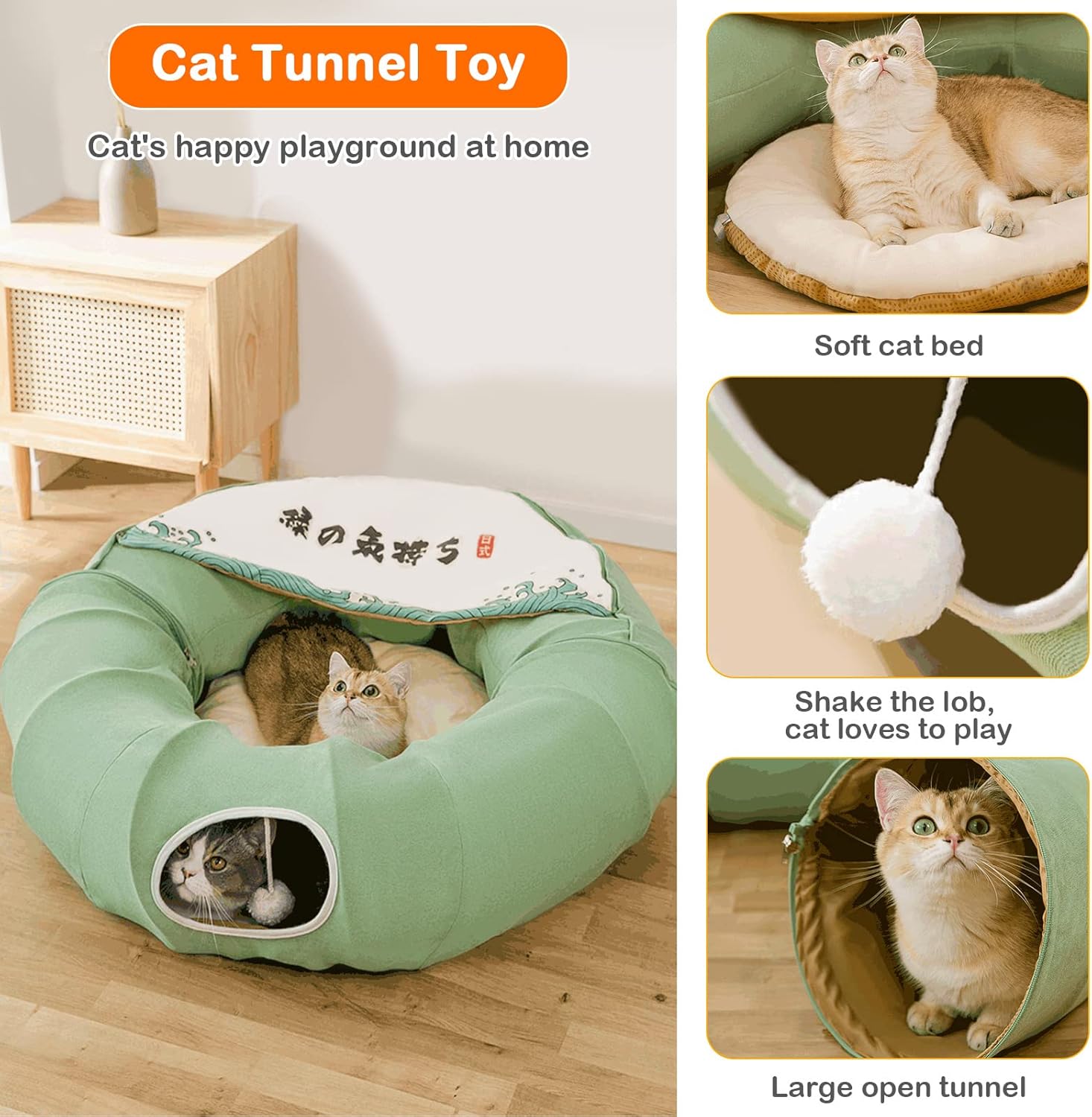 Cat Tunnel Bed 2 in 1 Round Foldable Cat Tunnel Toy Cat Bed with 1 Hanging Scratching Balls - Image 8