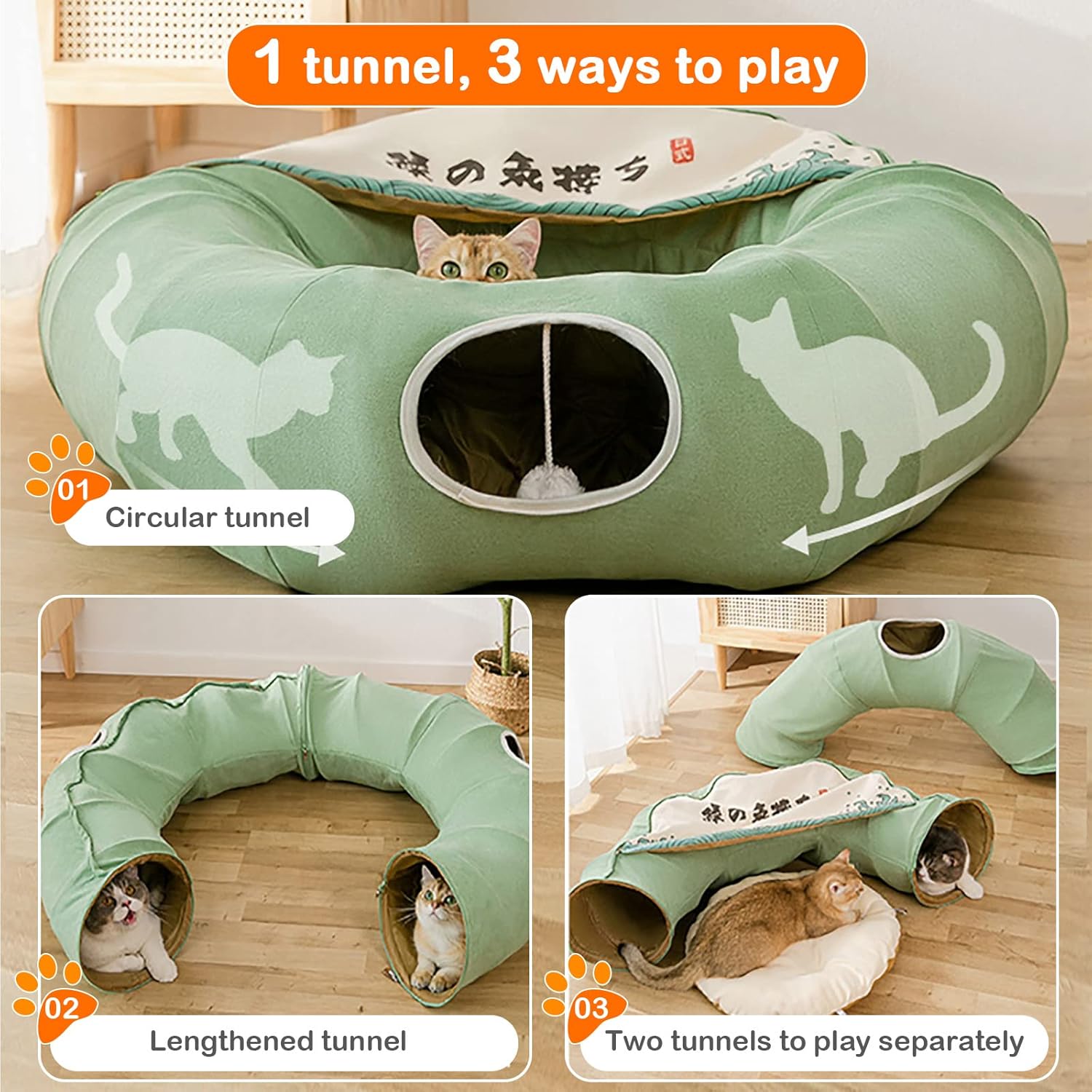 Cat Tunnel Bed 2 in 1 Round Foldable Cat Tunnel Toy Cat Bed with 1 Hanging Scratching Balls - Image 7