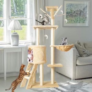 Cat Tree, a multi-level cat tower with scratching poles, a top perch (Beige)-50*35*140