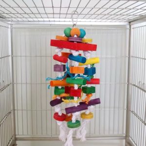 Wooden Hanging Parrot Chew Toy with Multicolored Blocks for Parakeets, Cockatiels, Lovebirds and Budgies
