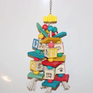 Wooden Block Puzzle Chew Toy for Birds with Cotton Rope – Bird Cage Accessory