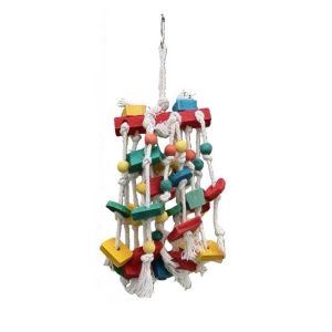 Multi-colored bird chewing toy made of wooden blocks and cotton rope