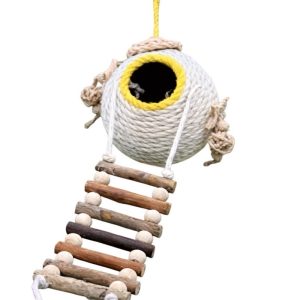 Natural coconut shell bird house with a ladder