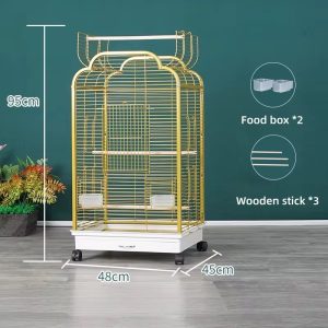 Decorative gold metal bird cage, featuring ornate finials and a spacious design suitable for various bird species-48*46*86cm