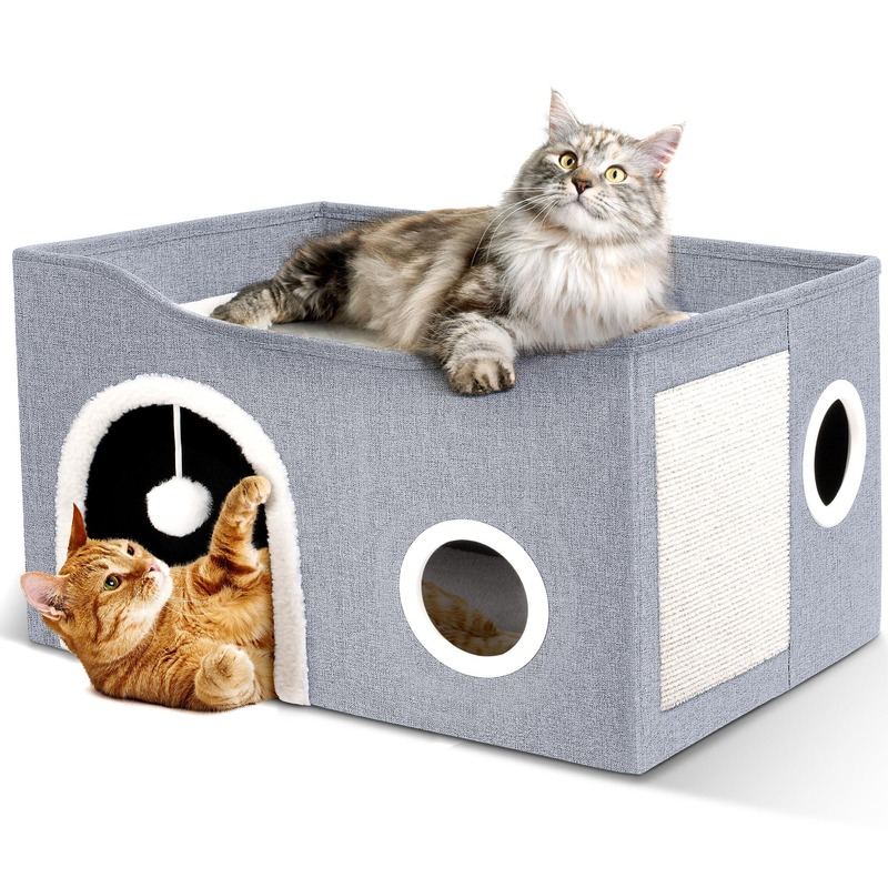 Large Indoor Cat House with Scratching Pad, Covered Cat Bed -GRAY