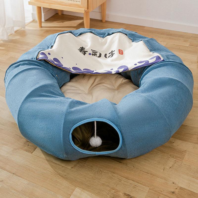 Cat Tunnel Bed 2 in 1 Round Foldable Cat Tunnel Toy Cat Bed with 1 Hanging Scratching Balls - Image 2